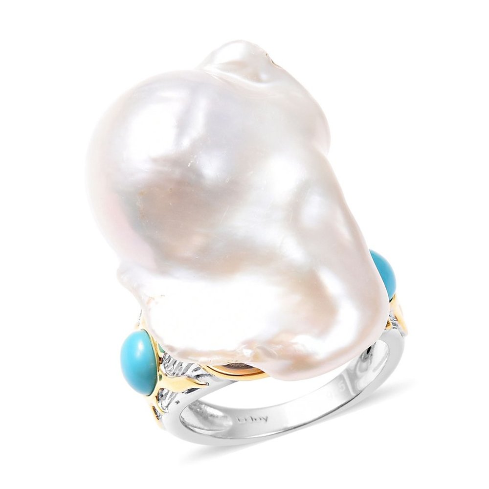 Organic Shape Baroque Pearl & Turquoise Ring in 925 Sterling Silver